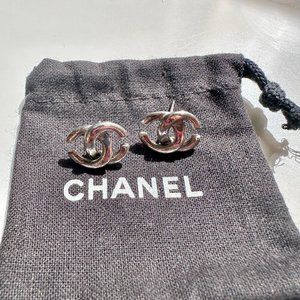 Silver CHANEL Interlocking CC Logo Stud Earrings (Stamped, Authentic, Dust Bag)